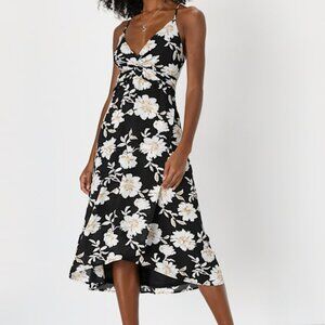 Lulus Easily Elevated Black Floral Print Knotted Faux-wrap Midi Dress - Size S